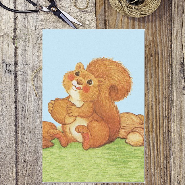Niedlich Adorable Eichhörnchen Acorns Nuts Seidenpapier (Cute red squirrel licking lips holding acorns in grass blue sky on tissue wrapping paper.)