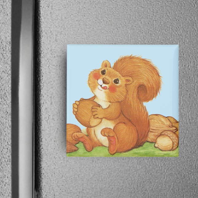 Niedlich Adorable Eichhörnchennudeln Magnet (Cute red squirrel fluffy tail holding nuts acorns in grass blue sky on square magnet.)