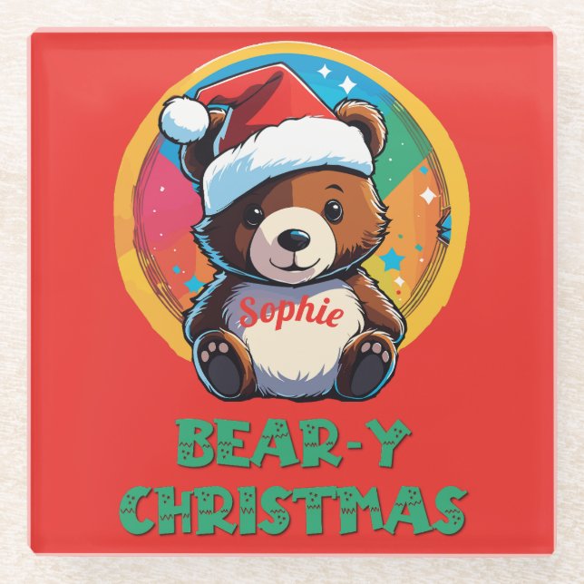 Niedlich Adorable Kawaii Chibi Bär y Weihnachtsbär Glasuntersetzer (Vorderseite)