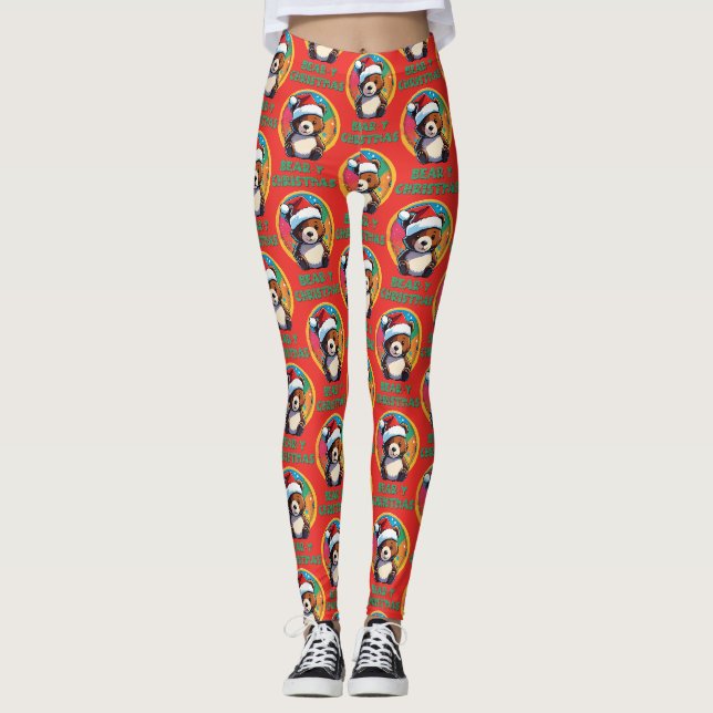 Niedlich Adorable Kawaii Chibi Bär y Weihnachtsbär Leggings (Vorderseite)