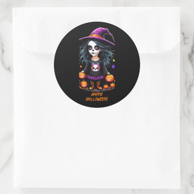 Niedlich Adorable Kawaii Halloween Hexe Runder Aufkleber (Tasche)