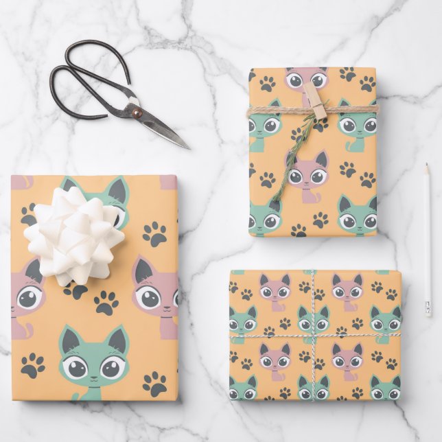 Niedlich Adorable Kitten Animated Cat Cartoon Big  Geschenkpapier Set (Vorderseite)