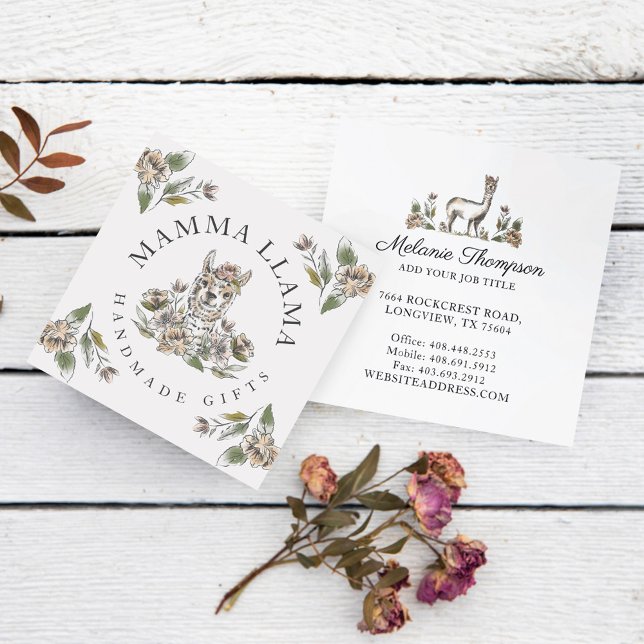 Niedlich Adorable Llama Wasserfarbener Teppich Quadratische Visitenkarte (Cute Adorable Llama Watercolor Sketch Floral Square Business Card)