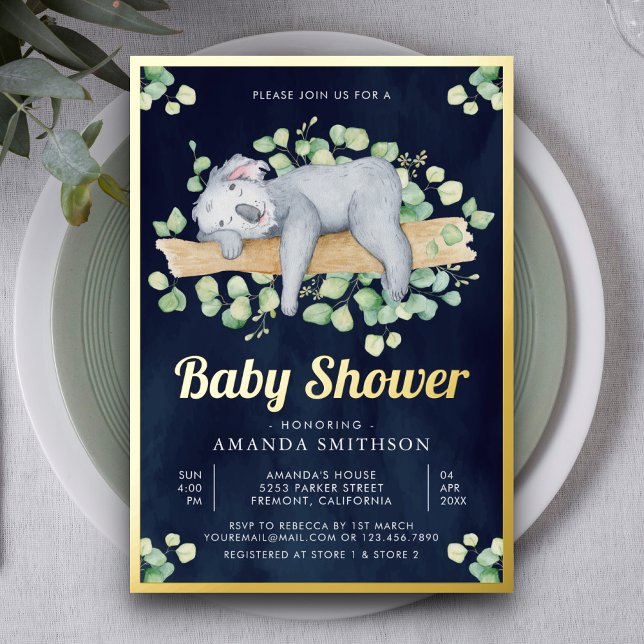 Niedlich Adorable Sleeping Koala Navy Baby Dusche  Folieneinladung (Von Creator hochgeladen)