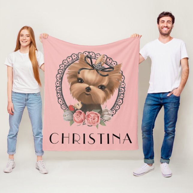 Niedlich Adorable Yorkie Puppy Pink Floral Fleecedecke (Beispiel)