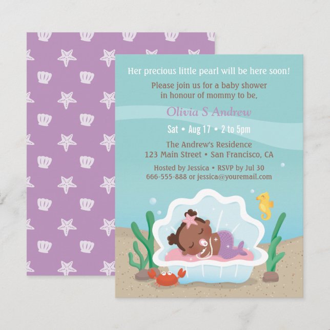 Niedlich afrikanische Mermaid Baby Shower Einladun Einladung (Vorne/Hinten)