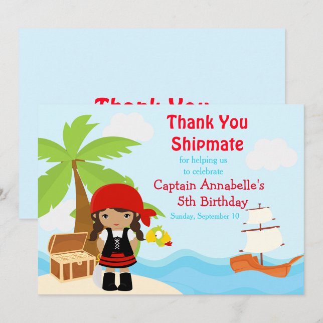 Niedlich-Afrikanischer Pirat Girl Birthday Red Dankeskarte (Vorne/Hinten)