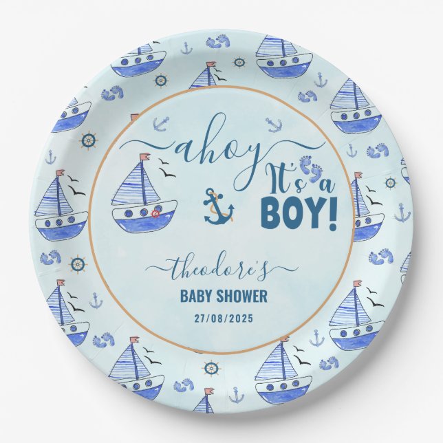 Niedlich Ahoy Es ist eine Boy Sailboat Nautical Ba Pappteller (Vorderseite)