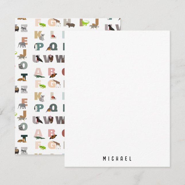 Niedlich Alphabet ABC Animals Individuelle Name Sc Mitteilungskarte (Vorne/Hinten)