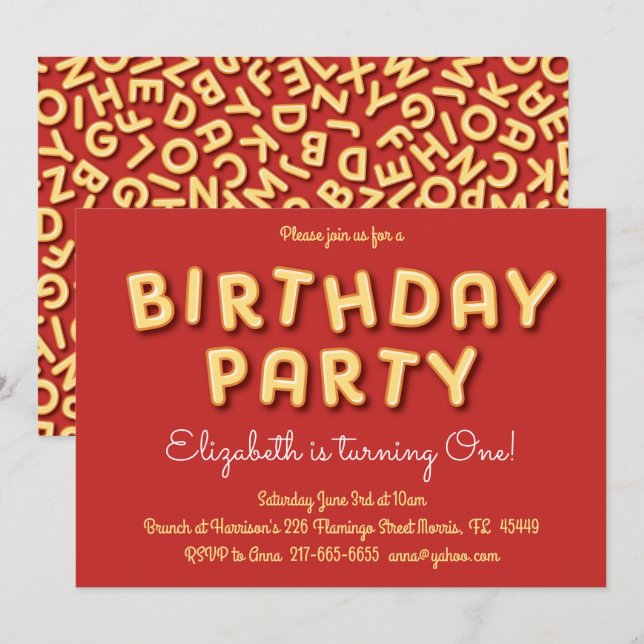 Niedlich Alphabet Suppe Kinder 1. Geburtstag Party Einladung (Vorne/Hinten)