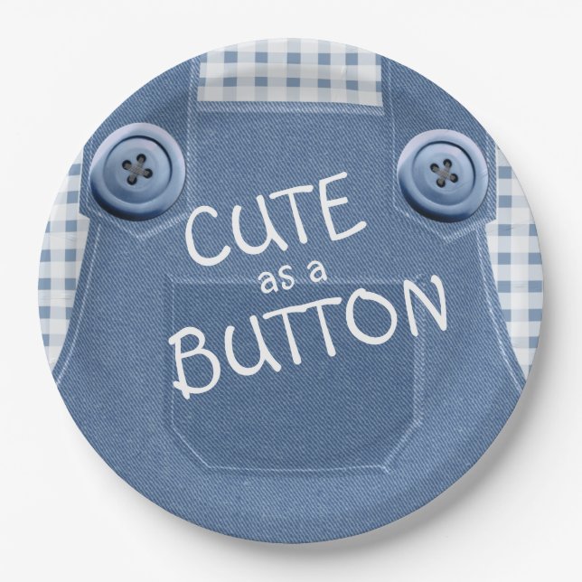 Niedlich als Button Denim Overalls Paper Plate Pappteller (Vorderseite)