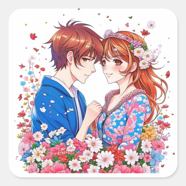 Niedlich Anime Couple Cuddling Quadratischer Aufkleber (Vorderseite)