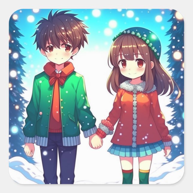 Niedlich Anime Couple Holding Hands Weihnachten Quadratischer Aufkleber (Vorderseite)