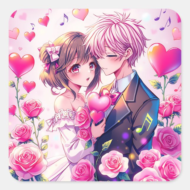 Niedlich Anime Couple | Valentine's Day Quadratischer Aufkleber (Vorderseite)