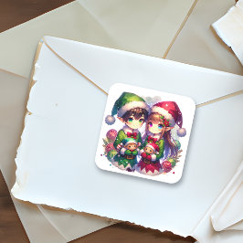 Niedlich Anime Elves Weihnachten Quadratischer Aufkleber