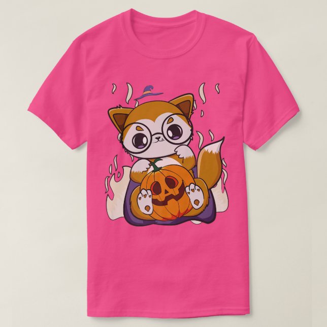 Niedlich Anime Fox hält Kawaii Pumpkin für Hallowe T-Shirt (Design vorne)