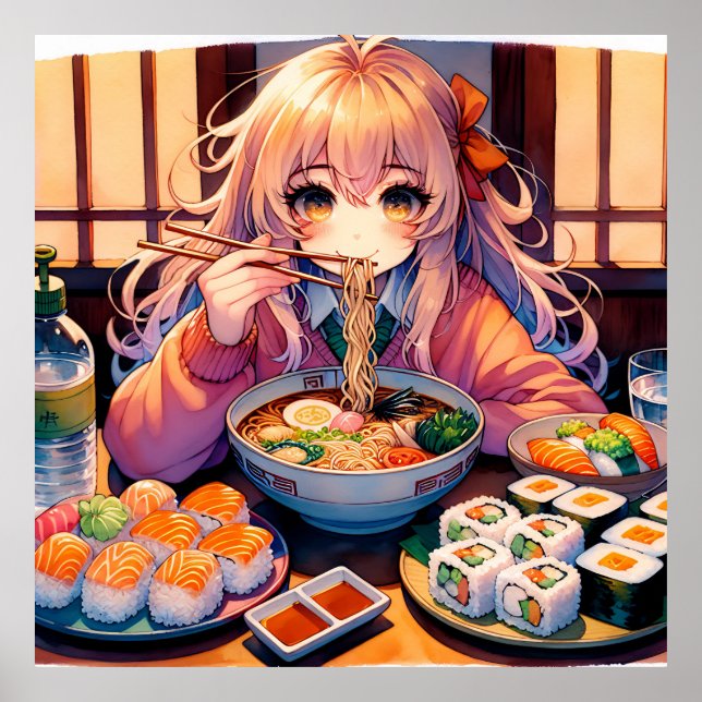 Niedlich Anime Girl Eating Ramen und Sushi Poster (Vorne)