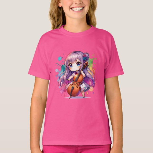 Niedlich Anime Girl Playing Cello Player T-Shirt (Vorderseite)