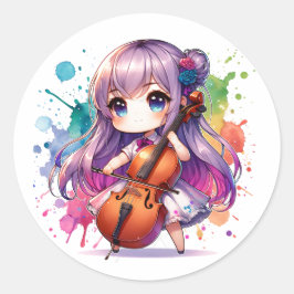 Niedlich Anime Girl Playing Cello Runder Aufkleber