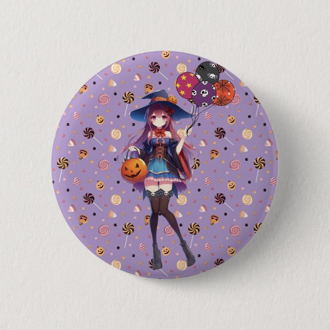 Niedlich Anime Halloween Hexe Button (Vorderseite)