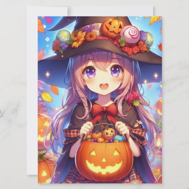 Niedlich Anime Halloween Hexe Feiertagskarte (Vorderseite)