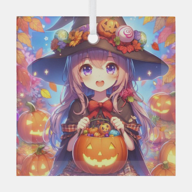 Niedlich Anime Halloween Hexe Ornament Aus Glas (Vorderseite)