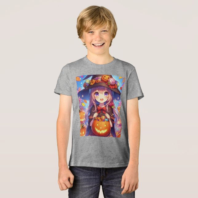 Niedlich Anime Halloween Hexe Tri-Blend Shirt (Vorderseite voll)