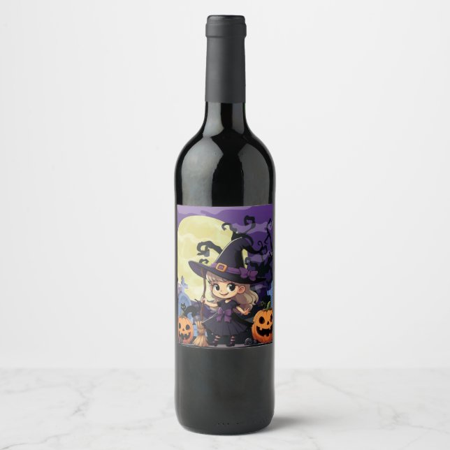 Niedlich Anime Halloween Hexe Weinetikett (Vorderseite)