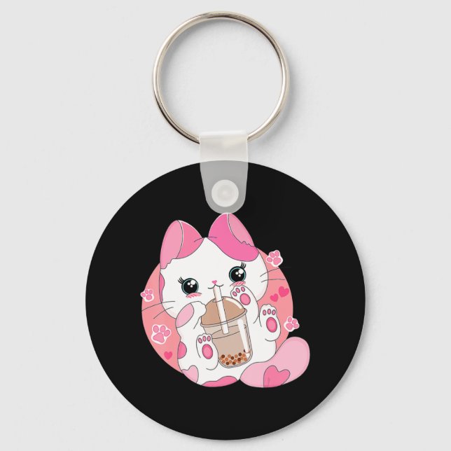 Niedlich Anime Kawaii Cat Boba Bubble Teatro Socia Schlüsselanhänger (Vorderseite)