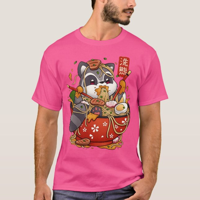 Niedlich Anime Raccoon Eating Ramen Noodles T-Shirt (Vorderseite)