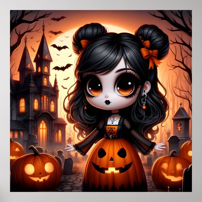 Niedlich animierte Girl, Spuk House und Pumpkins Poster (Vorne)