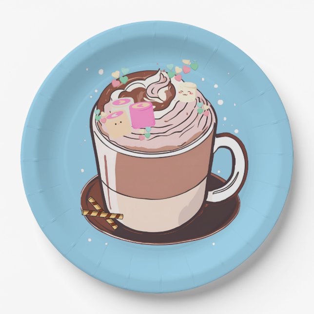 Niedlich animierter Hot Chocolate Marshmallows Car Pappteller (Vorderseite)