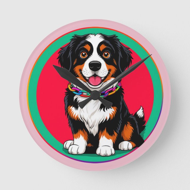 Niedlich animierter Hund mit Collar Runde Wanduhr (Vorderseite)