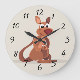 Niedlich animiertes Kangaroo mit Baby Große Wanduhr