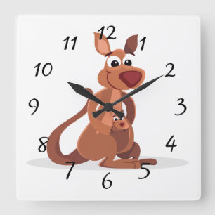 Niedlich animiertes Kangaroo mit Baby Quadratische Wanduhr