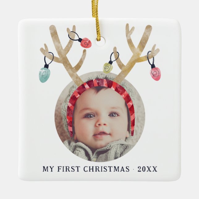 Niedlich Antlers First Christmas New Baby Keramikornament (Vorderseite)