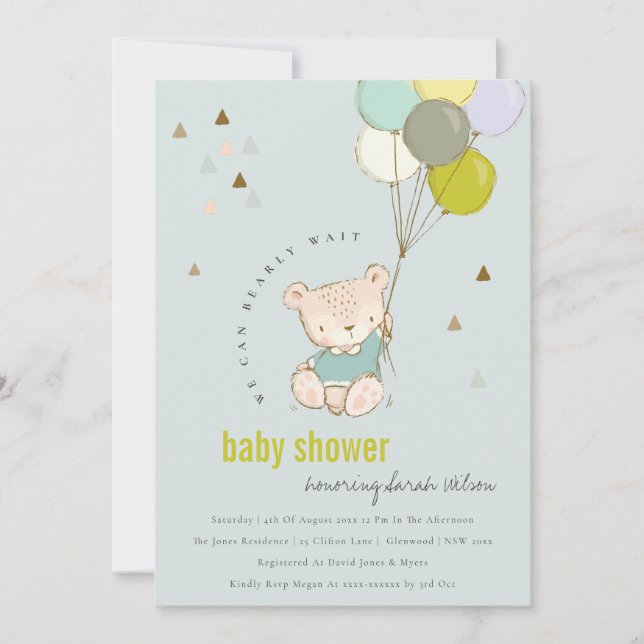 Niedlich Aqua Bearly Wait Balloon Baby Showeinladu Dankeskarte (Vorderseite)