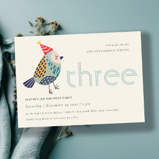 Niedlich Aqua Blue Birdie Jegliche 3. Geburtstagsf Dankeskarte