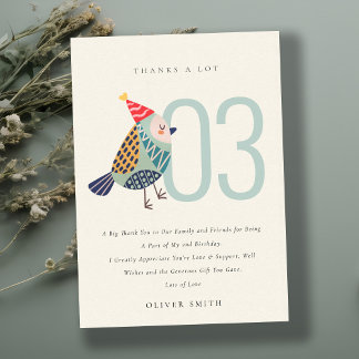 Niedlich Aqua Blue Birdie Jegliche 3. Geburtstagsf Dankeskarte