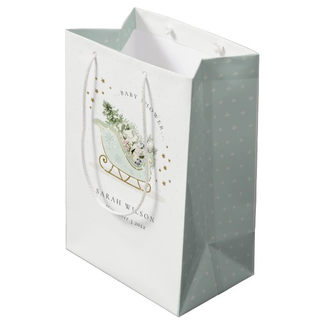 Niedlich Aqua Blue Gold Winter Schlitten Baby Dusc Mittlere Geschenktüte (Rückseite Schrägansicht)