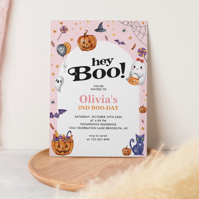Niedlich Arch Pink Hey Boo Halloween Kindergeburts Einladung (Von Creator hochgeladen)
