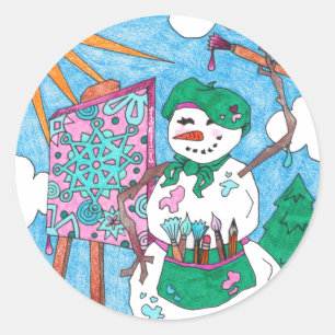 Niedlich Artist Art Snowman Weihnachten Runder Aufkleber
