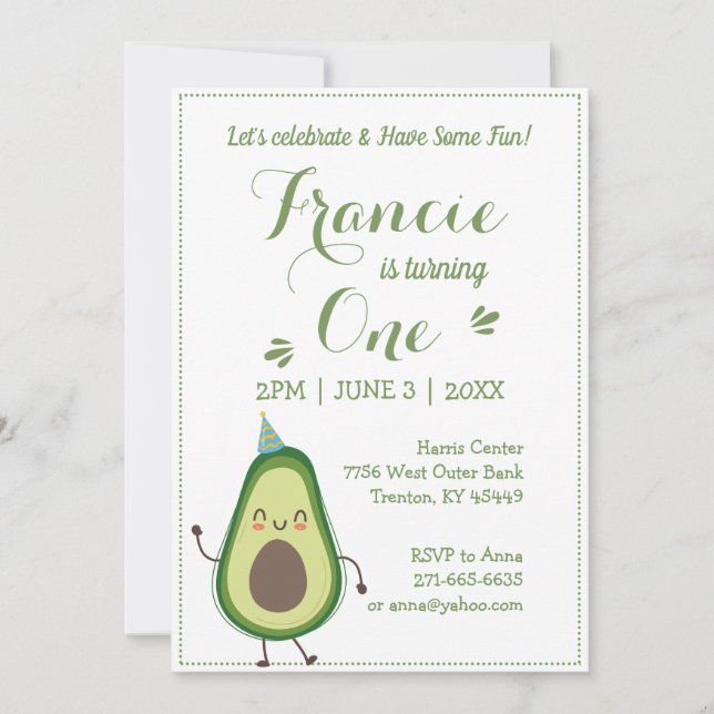 Niedlich Avocado Personalize 1 Birthday White BG Einladung (Vorderseite)