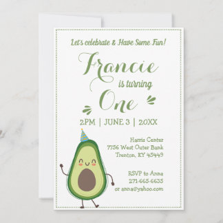 Niedlich Avocado Personalize 1 Birthday White BG Einladung