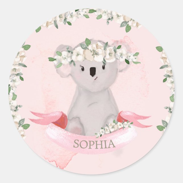 Niedlich Baby Animal Koala Pink Floral Runder Aufkleber (Vorderseite)