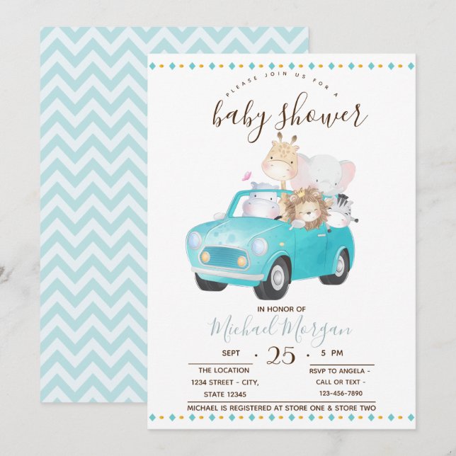 Niedlich Baby Animals Car, Zigzag Baby Dusche Einladung (Vorne/Hinten)