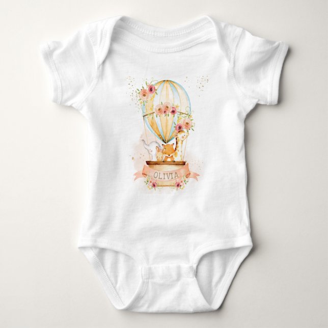 Niedlich Baby Animals Hot Air Ballon Floral Baby Strampler (Vorderseite)