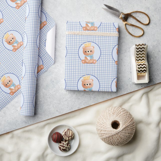 Niedlich Baby Bear Blue Gingham Geschenkpapier (Kunsthandwerk)
