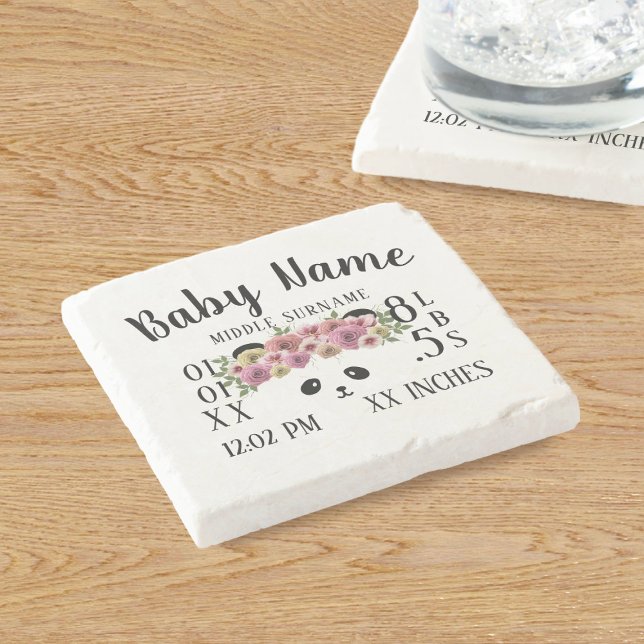 Niedlich Baby Birth Stats Floral Panda Stone Unter Steinuntersetzer (New baby? Here's a cute panda themed birth stats coaster that makes a great gift for grandparents)