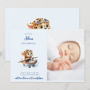 Niedlich Baby Blue Cartoon Leopard   Boy Birth Ankündigung